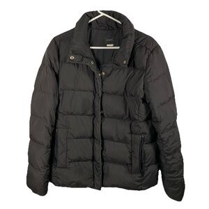 J. Crew Short Black Down Puffer Coat Women Sz‎ L Zip Pockets NO HOOD